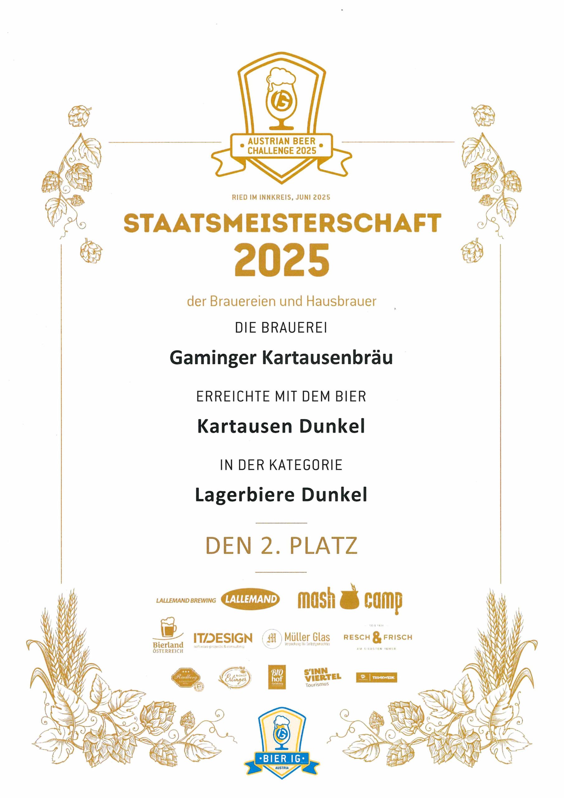 2. Platz bei Staatsmeisterschaft 2025 der Brauereien und Hausbrauer mit Gaminger Kartausenbräu Dunkel