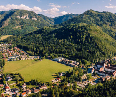 Gaming in Niederösterreich von oben: Ort im Tal mit der Kartause und den bewaldeten Voralpen